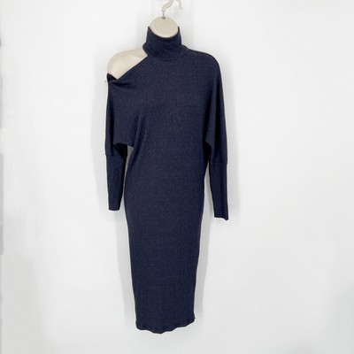 Enza Costa Heather Rib NEW Exposed Shoulder Mock Midi Dress in Ink Size S Navy