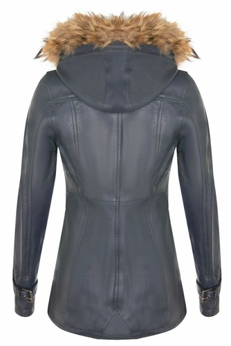 Women's Navy Blue Leather Jacket Detachable Hooded Parka Trench Coat - Picture 3 of 4