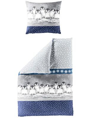 JACK by Bierbaum Biber Bettwäsche 2 tlg. 135x200cm Pinguine Winter Blau Weiß 