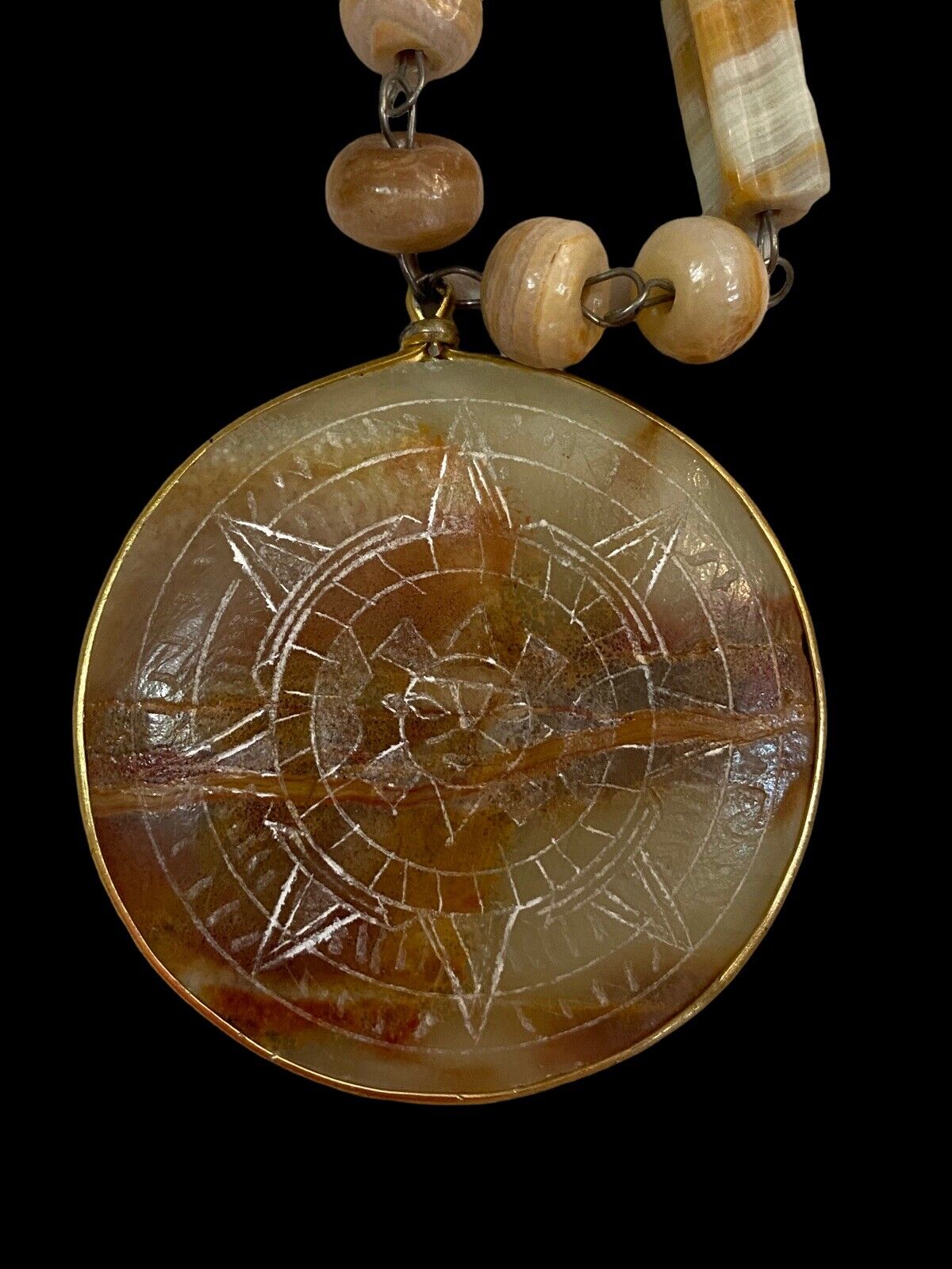 22” Carved  Agate Aztec Mayan Calendar Pendant  A… - image 3
