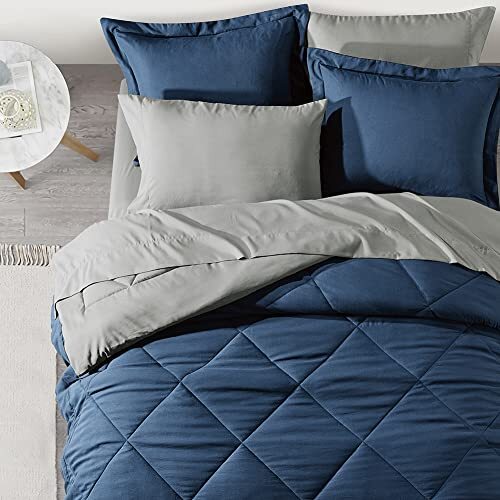 Bettdecken-Set 7-teilig Bett in einer Tasche, Voll-/Wendebett Queen dunkelblau&grau - Bild 5 von 7
