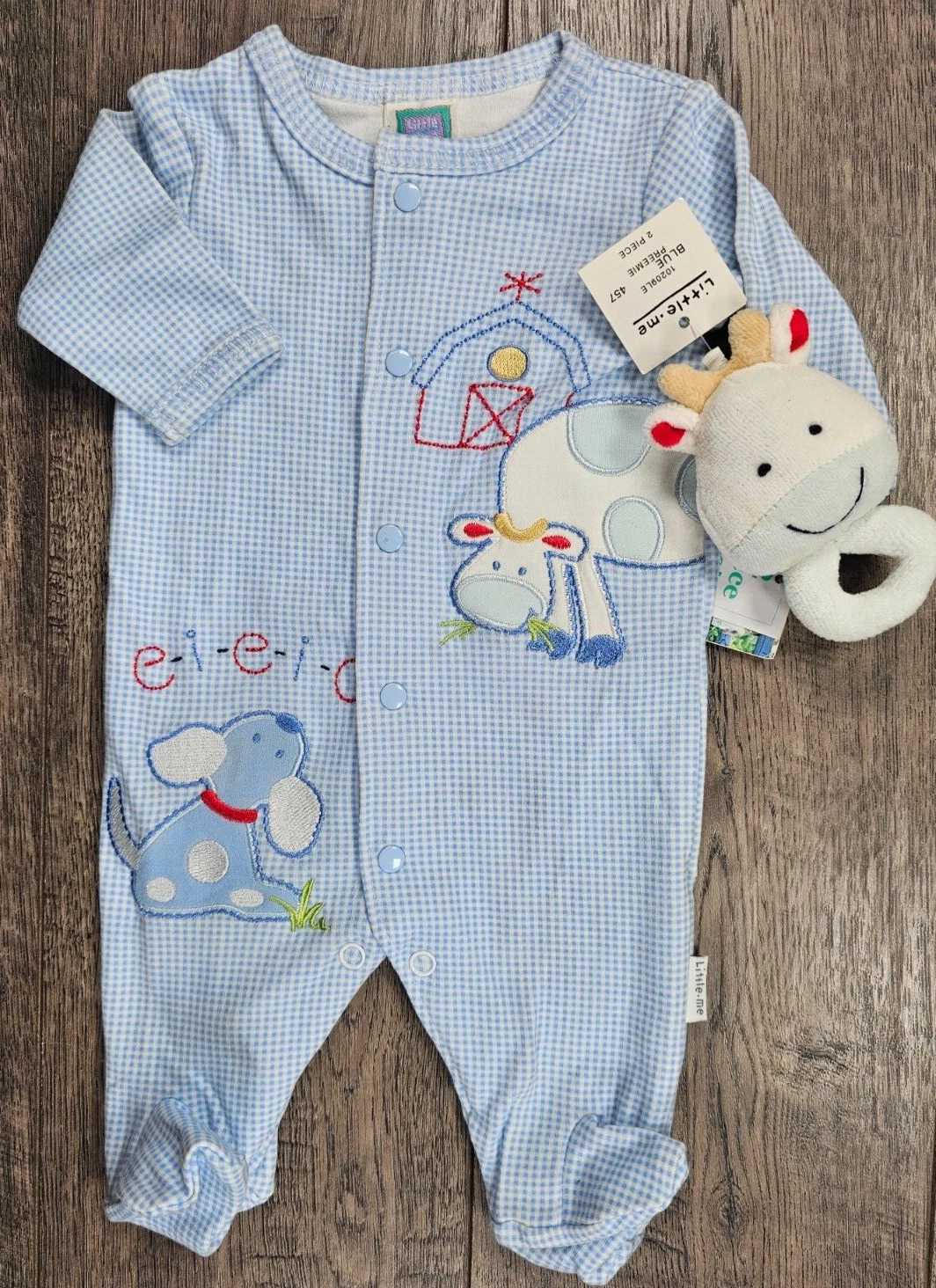 Baby Boy Clothes New Little Me Vintage Preemie 2pc Farm Cow Footed Outfit