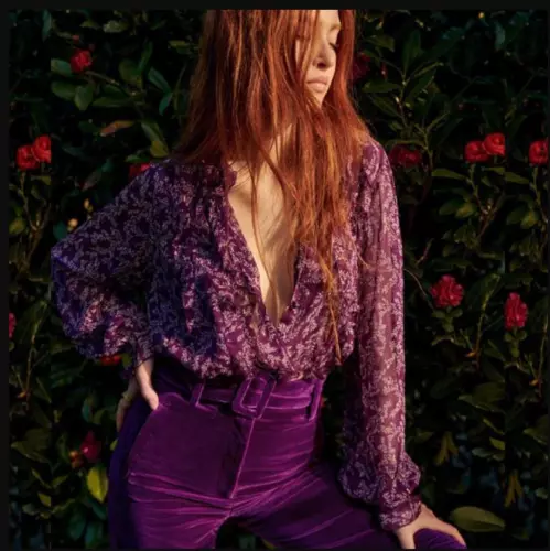 2025 Popular New Sezane Damen Blumen Shirt Bluse Top Chic V-Ausschnitt Shirt lila - Bild 2 von 19