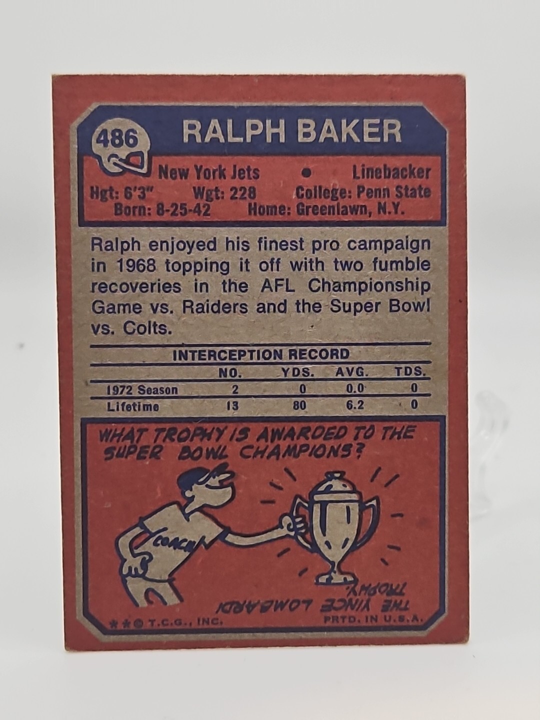 1973 Topps Football Ralph Baker Vintage New York Jets Card 486 eBay