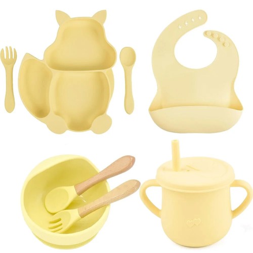 8PCS/Set Baby Sucker Bowl Plate Cup Bibs Spoon Fork Sets Children Feeding Dishes - Picture 8 of 51