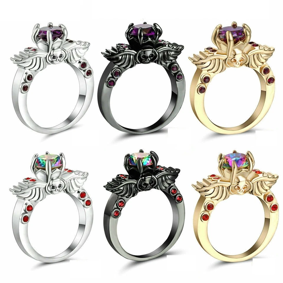 Кольцо с черепом и крылом с радужным топазом 14 карат с золотым покрытием размер США 5–11 бесплатная подарочная коробка - Изображение 3 из 4