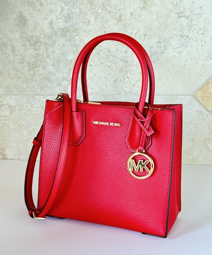 MICHAEL KORS MERCER MEDIUM SATCHEL MESSENGER LEATHER BAG BRIGHT RED - Picture 4 of 13
