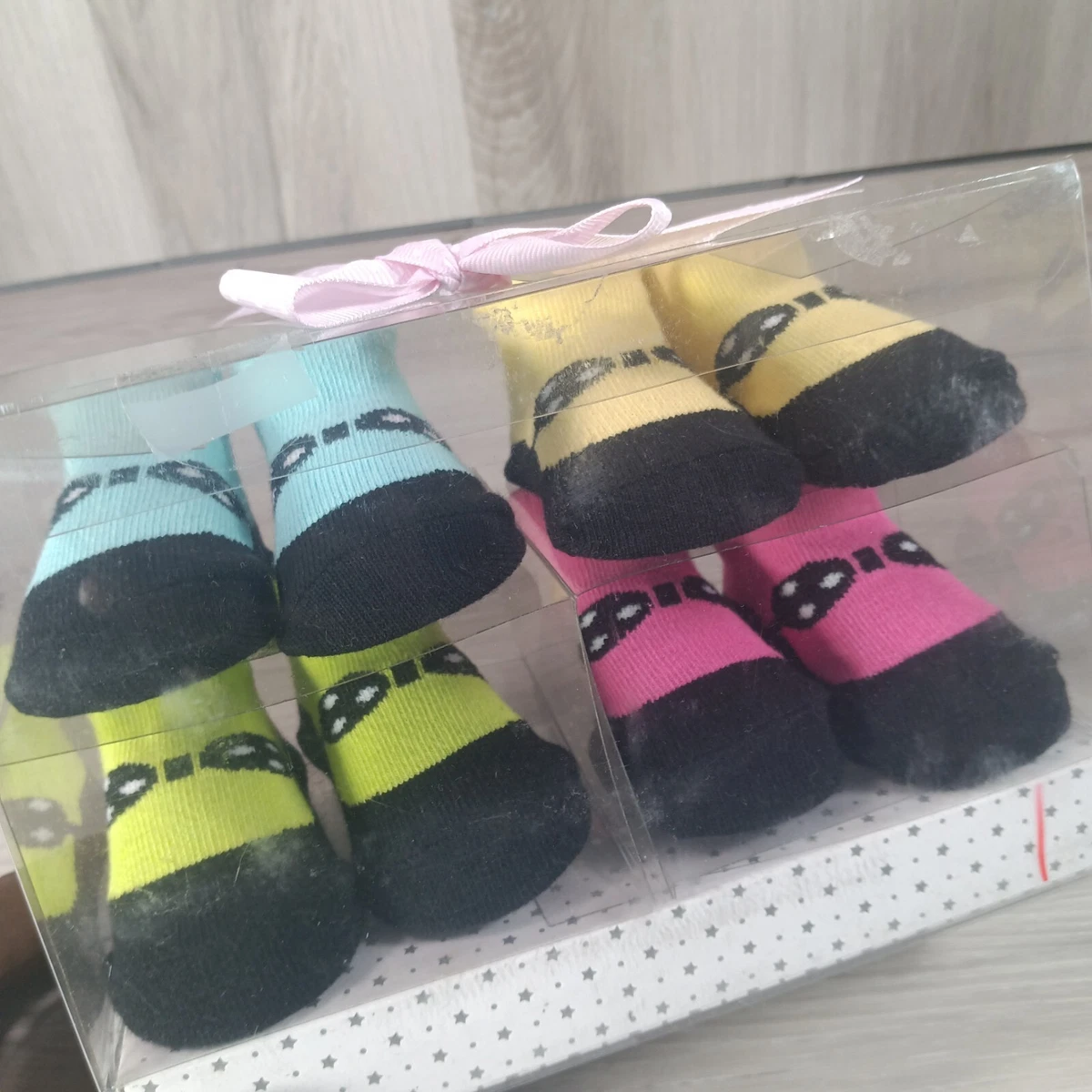 Cutie Pie Baby Crib Socks Lot Of 4 One Size Blue Yellow Pink Green