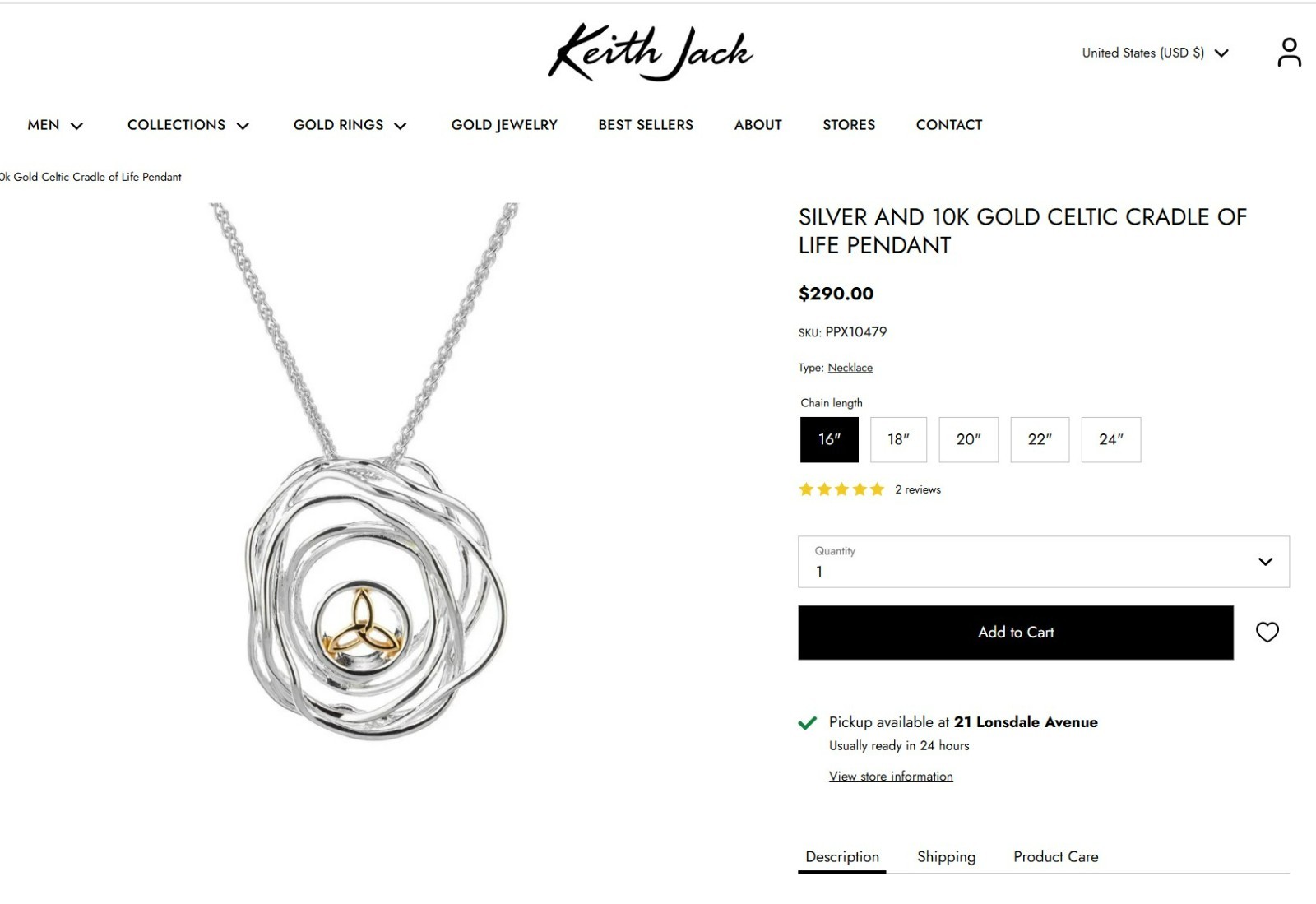 Keith Jack Necklace Celtic Cradle of Life Sterling Silver 10K Trinity Knot $290