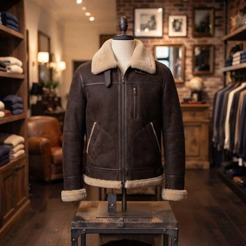 Men's Suede Leather Shearling Aviator Jacket Vintage Bomber Style Warm Winter  - product listing photo