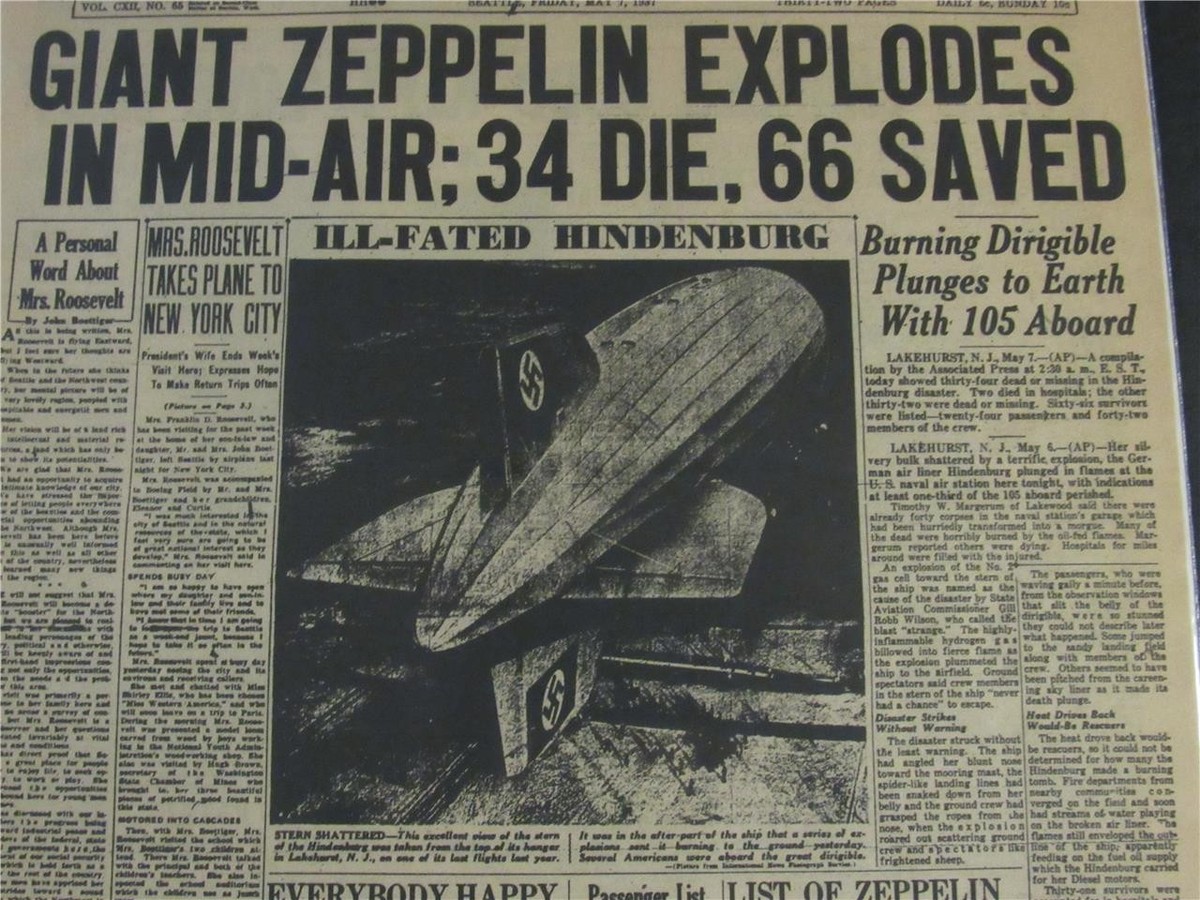 VINTAGE NEWSPAPER HEADLINES ~ HINDENBURG ZEPPELIN CRASH EXPLODES
