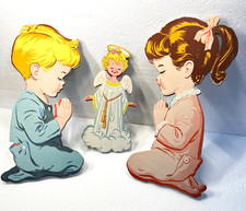 Vtg 1950s Dolly Toy Ups Nursery Wall Decor Praying Boy Girl Angel Christian Room