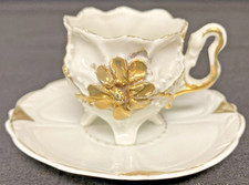 Porcelain Demitasse Cup Saucer White w/Gold Embossed Floral Scalloped