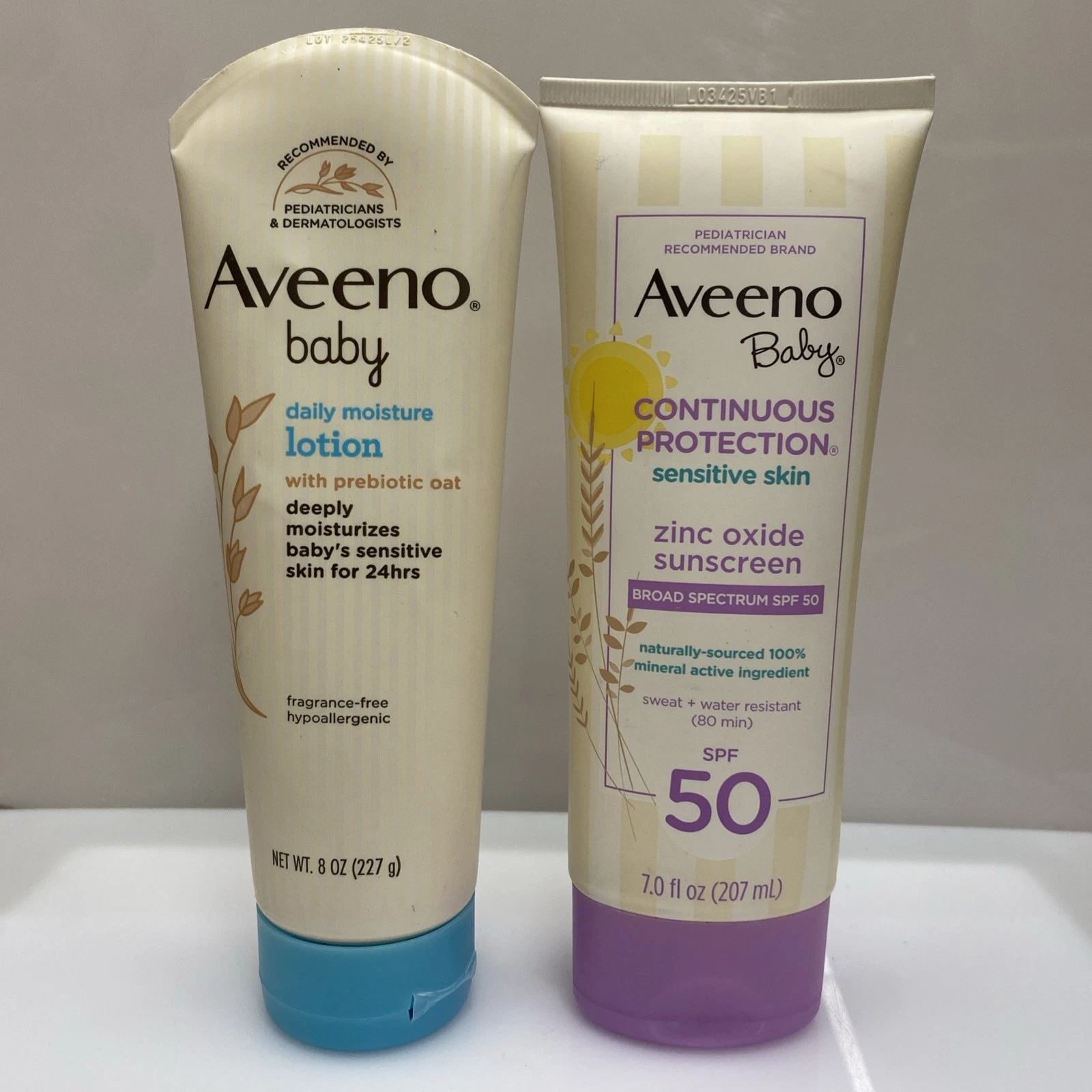 AVEENO BABY Summer SET: LOTION DAILY MOISTURE 8OZ + SPF Sunscreen Zinc Oxide 7oz