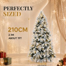 150/180/210cm Snow Flocked Christmas Tree Pre Lit LED Warm Pine Cone Xmas Decor