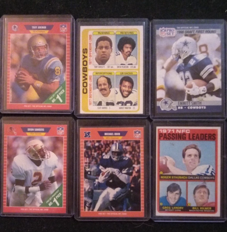 Lote de 6 tarjetas de novato vintage de los Dallas Cowboys 1971-1991 Staubach Aikman Deion Dorsett Foto 2 de 4