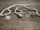 Vintage Costume Jewelry Lot - 2 faux pearl necklaces, crystal clipon earrings