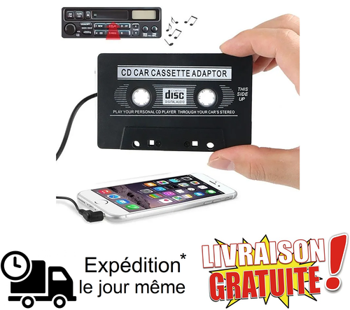 Adaptateur Cassette Universel Avec Prise Jack - Compatible Tous Lecteurs Cassettes - Noir - Neuf