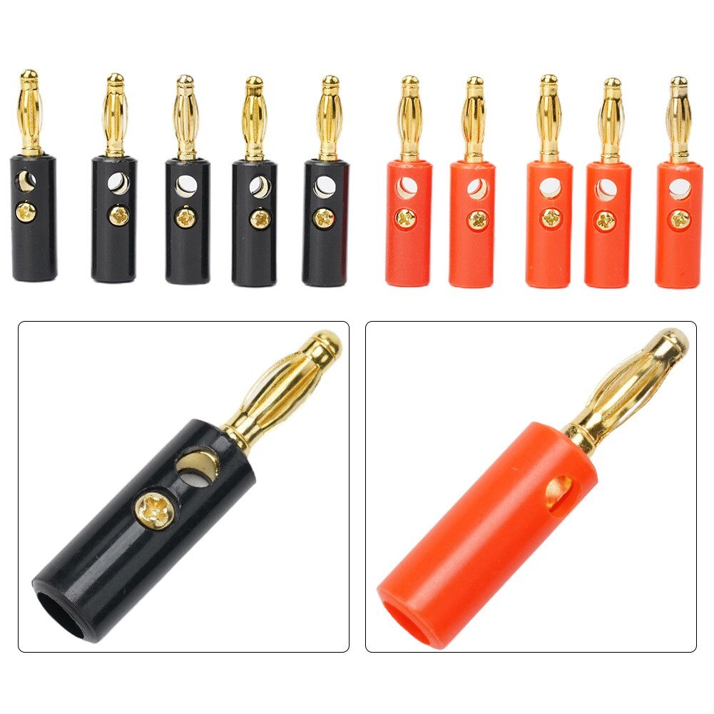 Lot De 10 Fiches Banane Plaquées Or 4 Mm - Pour Haut-parleurs - Rouge Et Noir