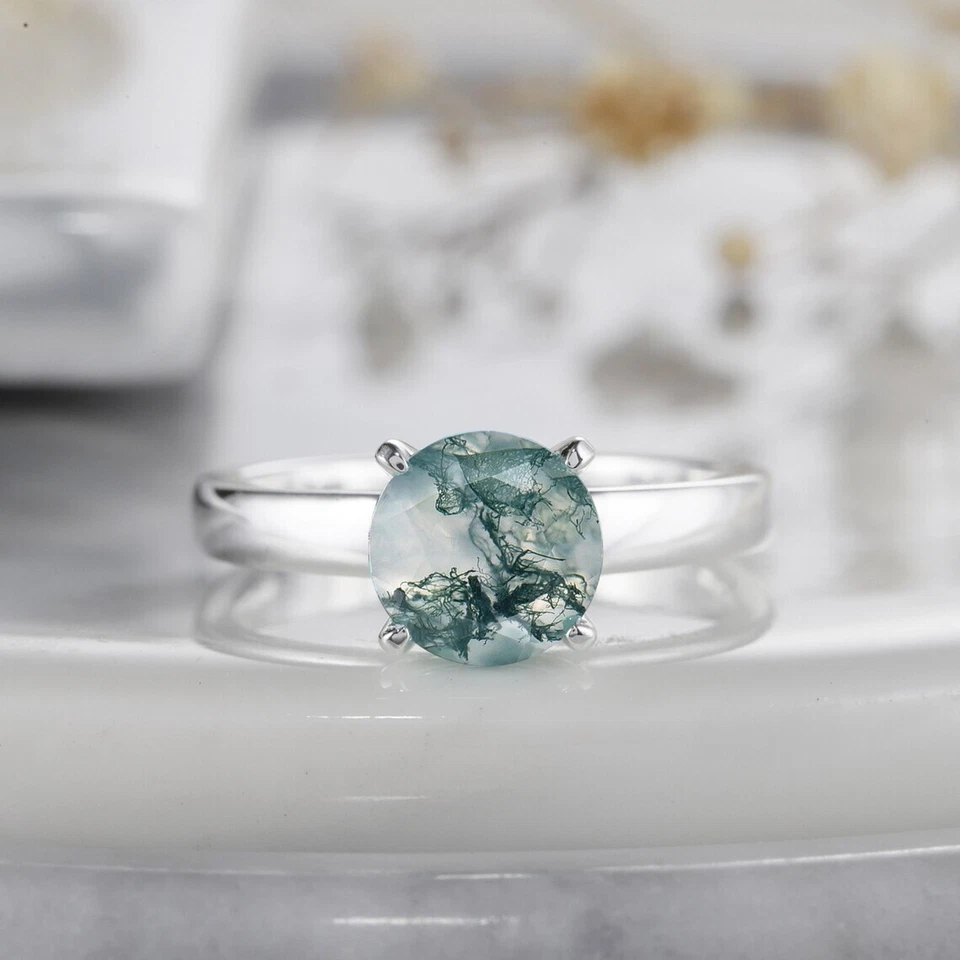 Anillo de compromiso solitario de ágata de corte redondo de 2 quilates enchapado en oro blanco de 14 quilates Foto 4 de 4