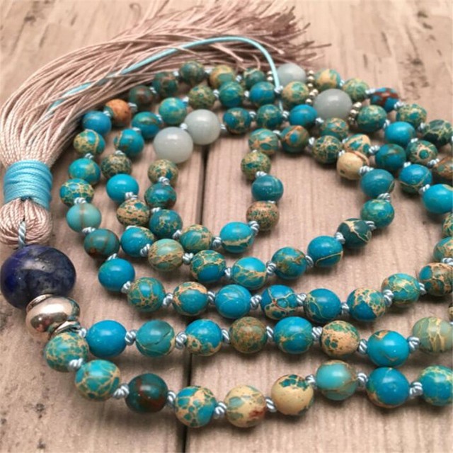8mm blue Imperial jasper Mala Necklace 108 Bead Gemstone Sutra Meditation Tassel 8mm blue Imperial jasper Mala Necklace 108 Bead Gemstone Sutra Meditation Tassel
