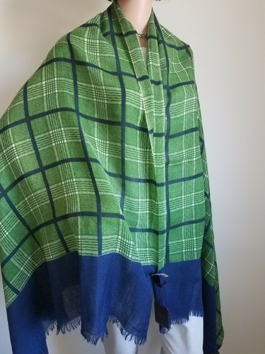 ALTEA Italy Fine Wool Shawl Scarf Wrap XL Green Blue Plaid Frayed 74 X 38 $145 - Picture 9 of 13
