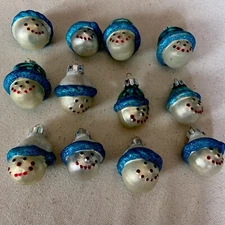 Snowman Heads Glass Christmas Tree Ornaments 1½"  Silver Blue 12