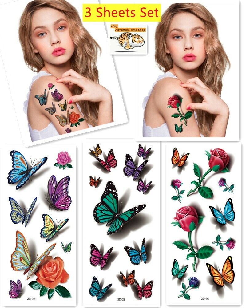 3 Sheets Temporary Waterproof 3D Butterfly Flowers Tattoos Stickers Body  Art | eBay