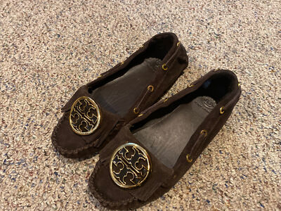 Tory Burch Womens Slip On Fringe Logo Suede Loafers Moccasins Size 1/2M 