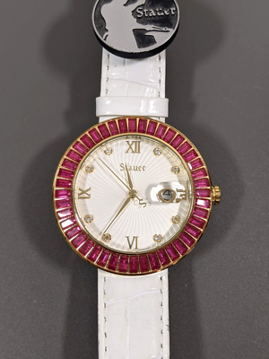 Stauer Womens Pink Baguette Accent Round White Leather Band  display picture 2