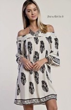 New Womens BLACK & IVORY FLORAL OFF SHOULDER BOHO CHIC GYPSY TUNIC DRESS S M