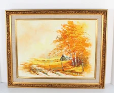 Vintage Country Cottage Landscape Oil Painting On Canvas Signed Moncrief
