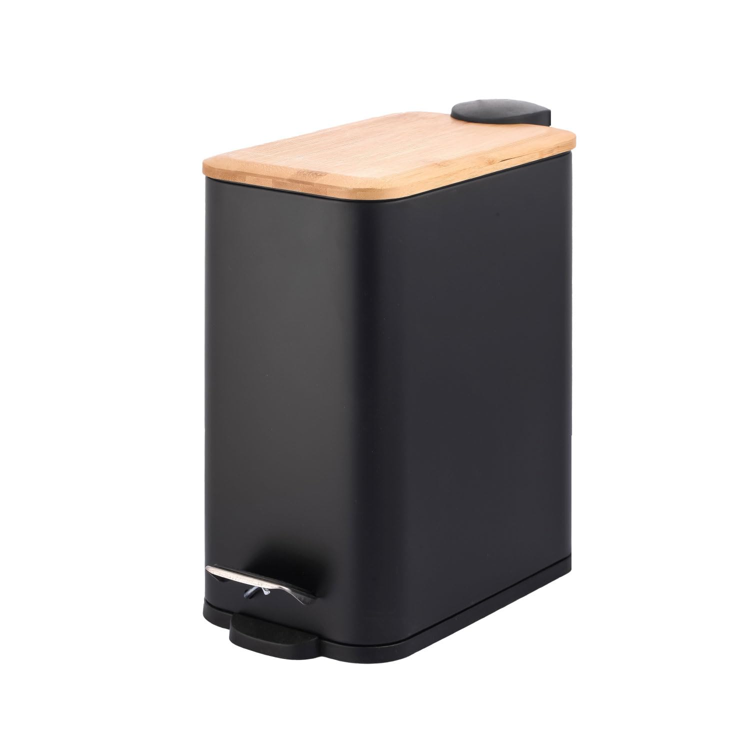 1.3 Gallon, 5L Rectangular Black Steel Trash Can with Bamboo Lid and Foot Pedal,
