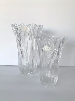 Rare New Block  Tulip Vase Set 8  and 10  Hand Crafted 24% Full Lead Crystal