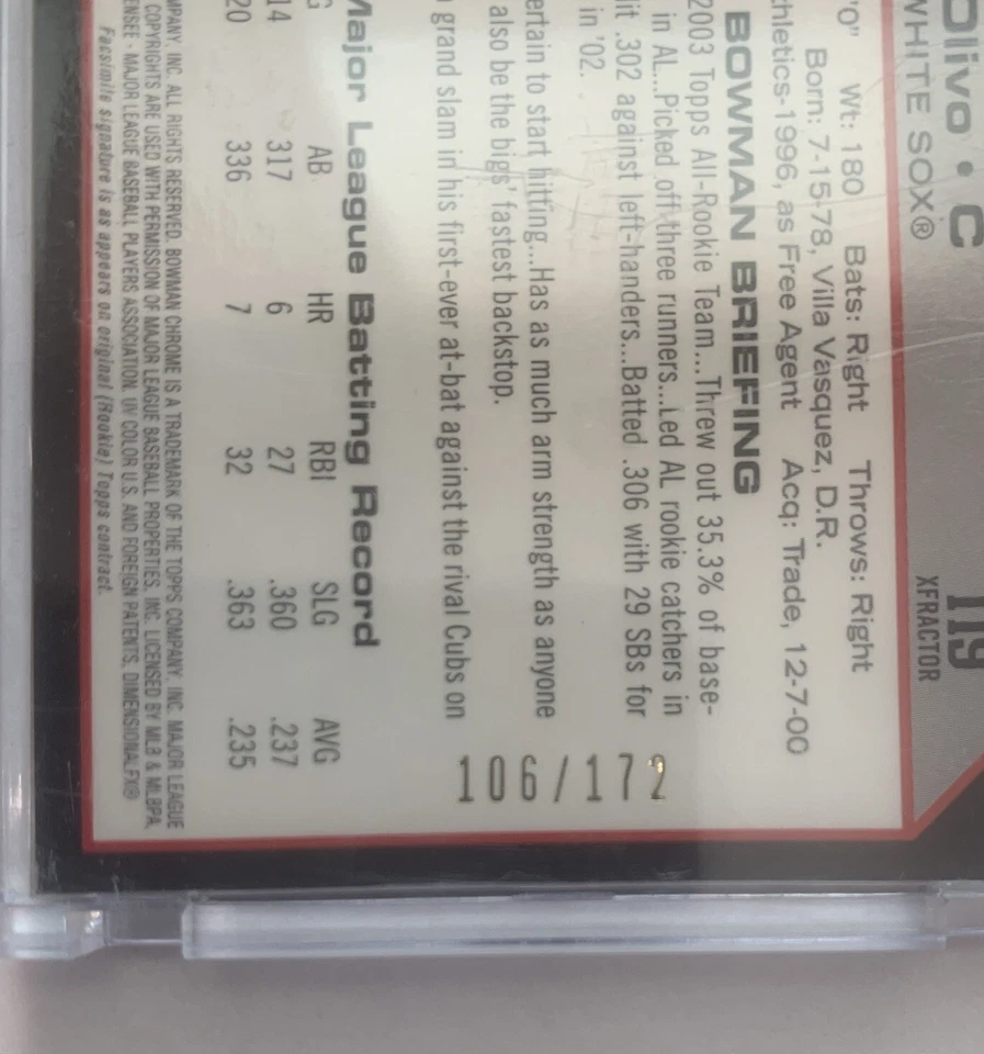 2004 Bowman Chrome XFRACTOR  White Sox Baseball Card #119 Miguel Olivo  - Image 3 of 3