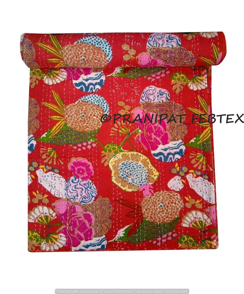 Colcha Kantha India Estampado Tropical Rojo Queen Algodón Colcha Ropa de Cama Foto 4 de 4