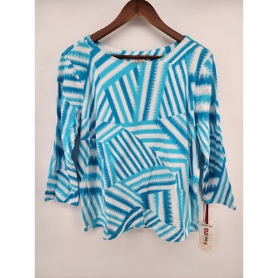 Ruby Rd Favorites Womens XL Blue White Geometric Abstract 3/4 Sleeve Top NWT