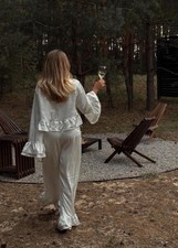 White Satin Ruffle Women  s PJ Set Size Medium New Without Tags
