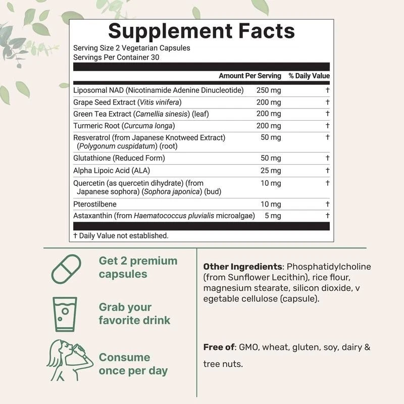 Suplemento NAD+ com Glutationa, Resveratrol, Astaxantina – Fórmula 10 em 1 - Imagem 2 de 4
