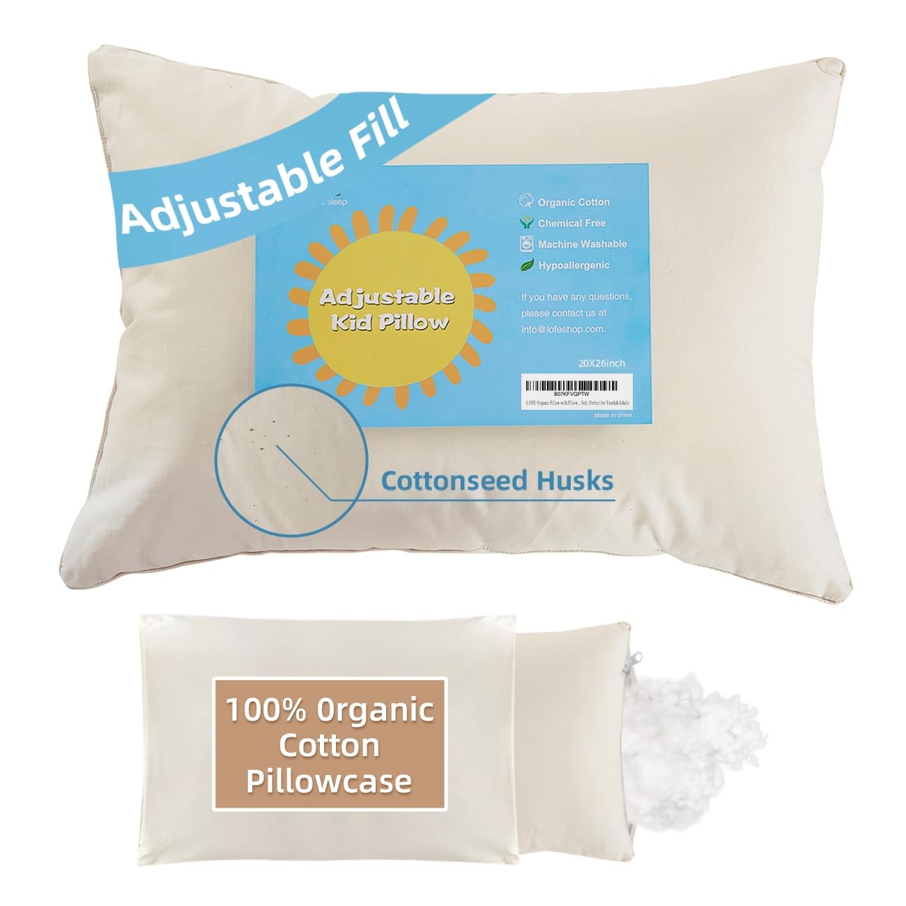Organic Pillow with Pillowcase - 20x26 Organic Standard Pillow with 100% Orga...