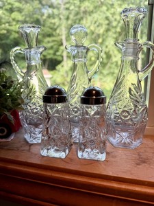 Vintage Anchor Hocking Prescut Star of David Glass Cruet Set 5 with Salt Pepper