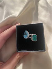 925 Sterling Silver Two Rings Size 6  Size 7 Pear Aquamarine Emerald Cz