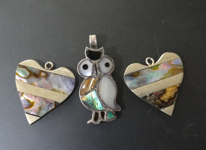 Vintage Mexico Pendant 925 Abalone Lot Owl Heart Sterling Silver 8g