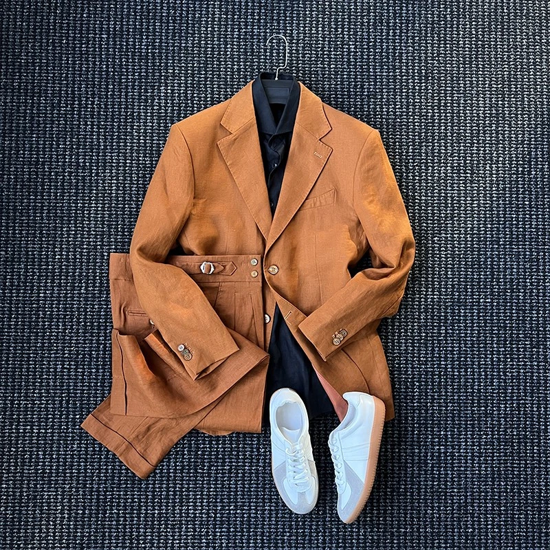 Traje Chaqueta Pantalones Vestido Formal Estilo Italiano Hombres 100% Lino Pecho Único 2 piezas Foto 3 de 4