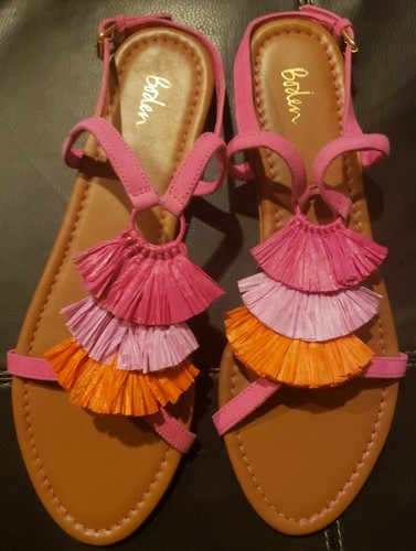Boden SARAH FRINGE Flat Suede/Raffia Sandals Hot Pink Size EU 41 US 10M - Picture 2 of 4
