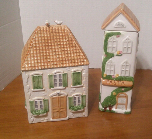 2- Vintage Frühling Landhaus Haus Keramik Keksdose & Pasta Kanister - Bild 1 von 13