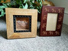 FREESTANDING RUSTIC DESIGN WOODEN PHOTO FRAME / UNUSUAL DESIGN and elephants x2