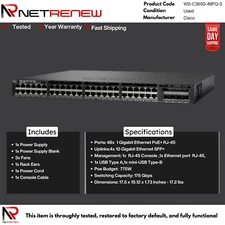 Cisco Catalyst WS-C3650-48FQ-S 48-Port PoE+ Switch 4x10G Uplinks