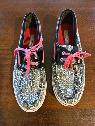 Sperry Top Sider Black Gray Floral Sequin Boat Shoes Loafers Casual Womens 8 1/2