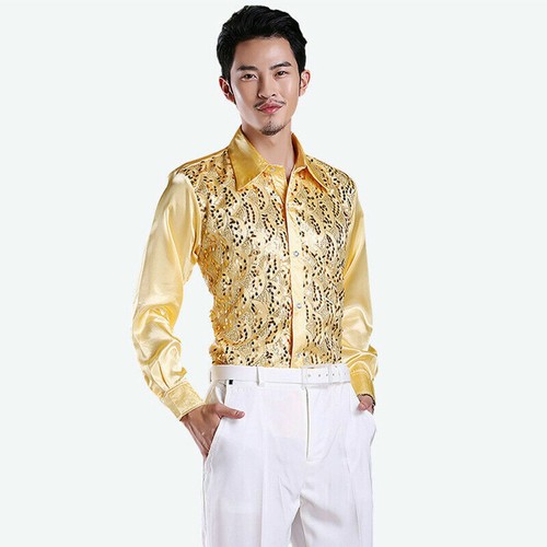 Men's Shiny Silk Feel Sequin Shirt Blouse Top Stage Party Wet Look Long Sleeve - Picture 5 of 15